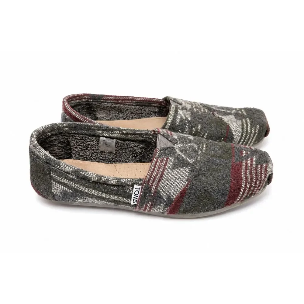 Toms Gray and Burgundy Patterned Canvas Slip-Ons